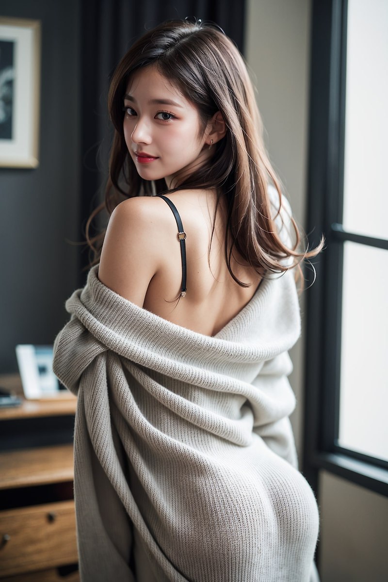 AI로 생성한 원피스 스웨터 입은 여자 생성하기 만들기 뒷태 위주