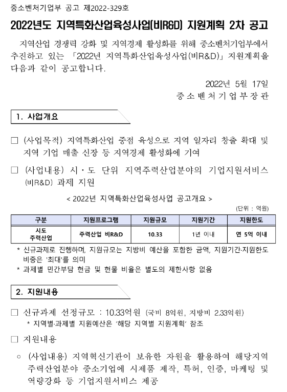 2022년 2차 지역특화산업육성사업(비R&D) 지원계획 모집 공고