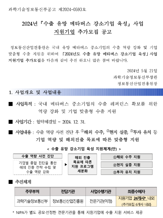 2024년 수출 유망 메타버스 강소기업 육성사업 지원기업 추가 모집 공고