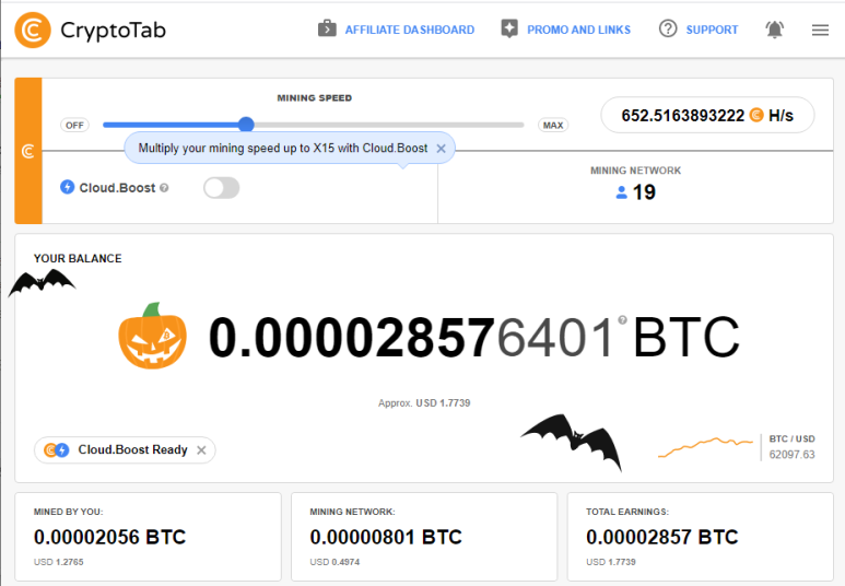 크립토탭(CryptoTab)을 통한 비트코인 채굴 현황(2021.11.09)