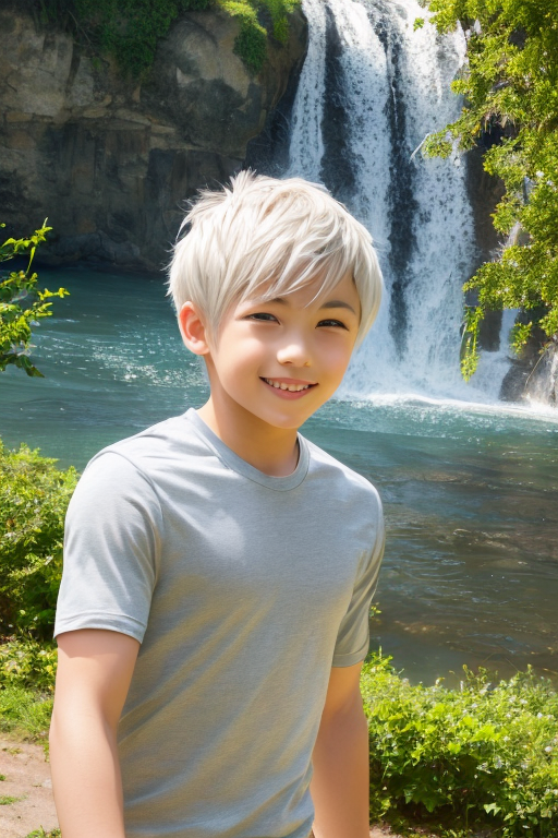 [Boy-036] boy, man, white hair, handsome, cute, teen, teenage, Forest, stream, nature background, free images, Ai images