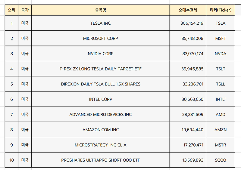 미국주식 순매수 상위종목 TOP10 [1월 마지막주]