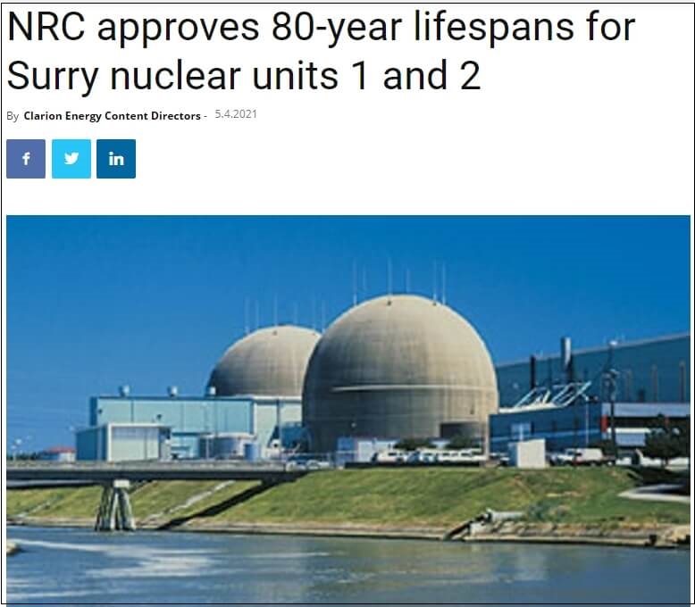 미 NRC, 서리(Surry) 원전 80년 수명 연장 승인 VIDEO:NRC approves 80-year lifespans for Surry nuclear units 1 and 2