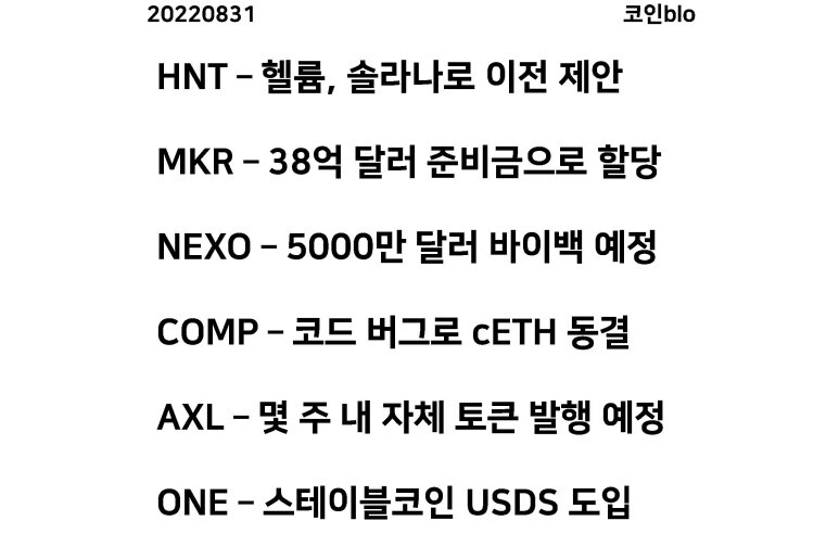 20220831 - HNT, MKR, NEXO, COMP, AXL, ONE