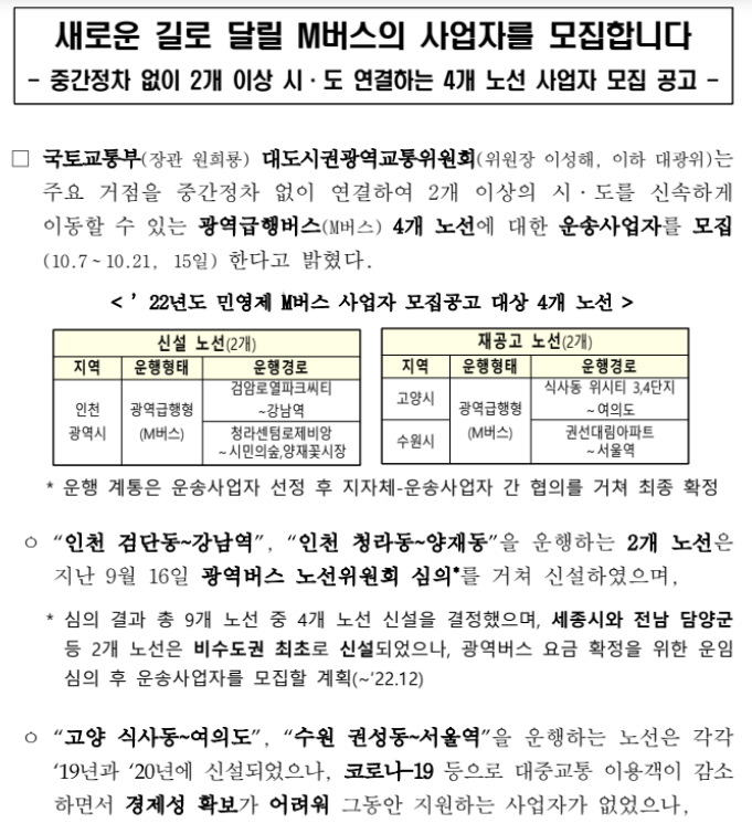 새로운 길로 달릴 M버스의 사업자를 모집합니다(중간정차 없이 2개 이상 인천 검단동~감남역, 창라동~양재동, 고양시, 수원시등 연결하는 4개 노선 사업자 모집 공고)_국토교통부