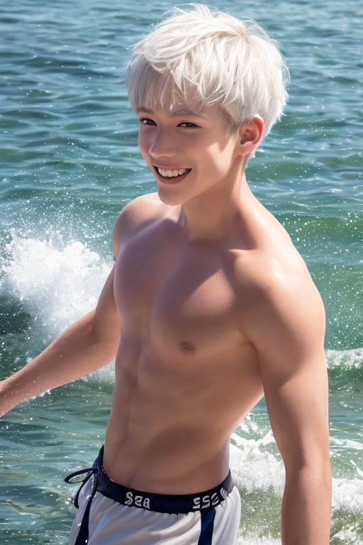 [Boy-071] boy, man, white hair, handsome, cute, teen, teenage, summer, cool, sea, beach background, free images, Ai images