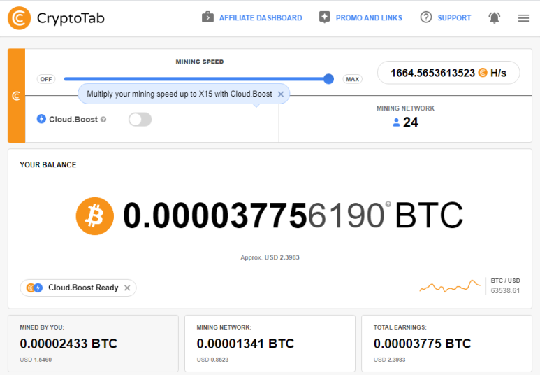 크립토탭(CryptoTab)을 통한 비트코인 채굴 현황(2021.11.13)