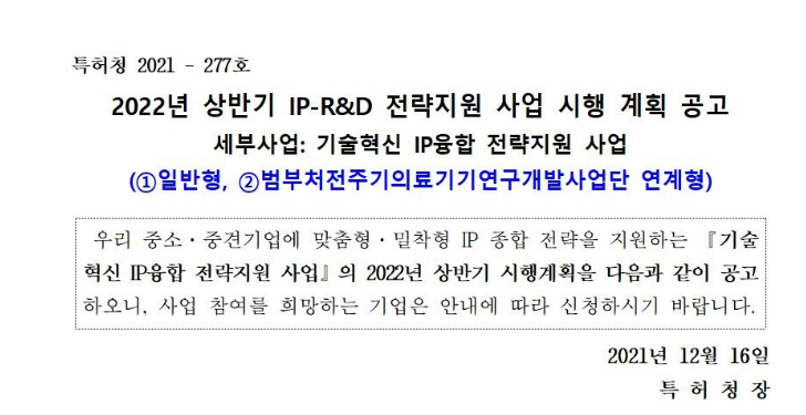 2022년 상반기 기술혁신 IP융합 전략지원사업 일반형ㆍ연계형 시행 계획 공고(IP-R&D 전략지원)_특허청
