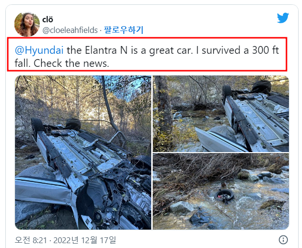 100m 협곡 아래로 추락했는데 생존한 남녀 미국인 '우리를 살린 차 현대차 엘란트라 N(아반떼)' 극찬