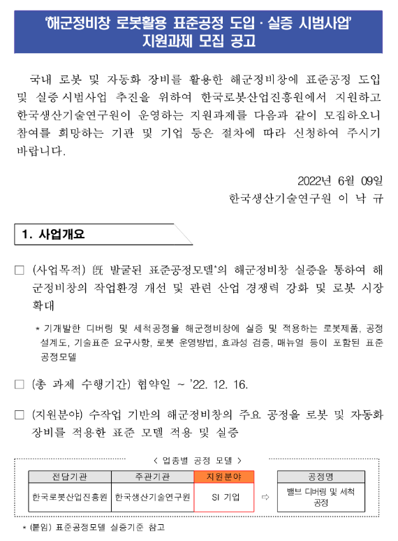 2022년 해군정비창 로봇활용 표준공정 도입ㆍ실증 시범사업 지원과제 모집 공고