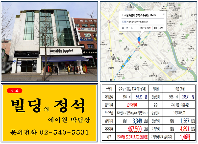 [강북구 빌딩매매 사례]수유동 174.9(수유역) 46.75억, 평당4,891만원