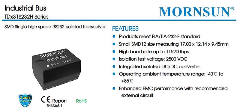Mornsun RS232 isolated transceiver module, TDx31S232H Series
