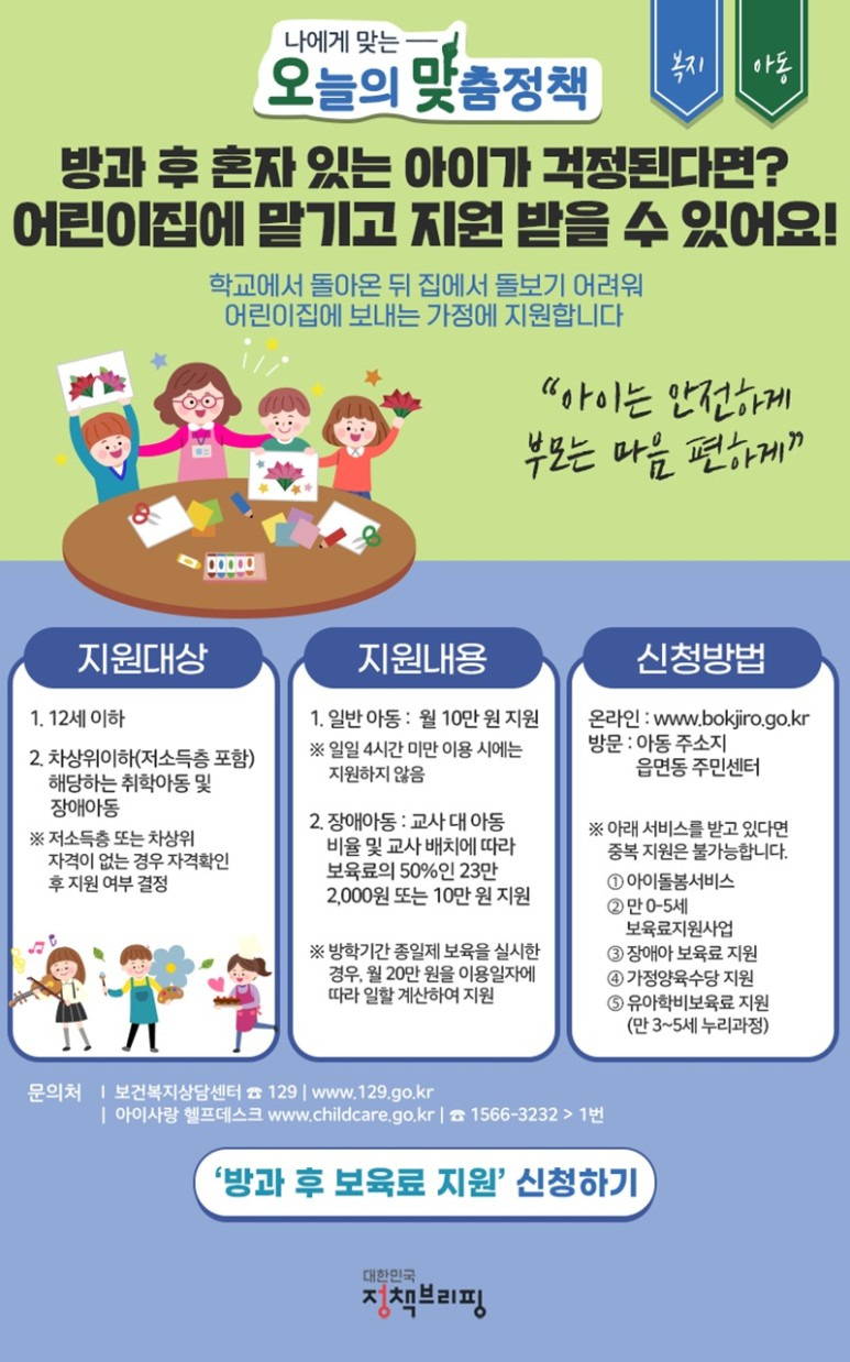 방과 후 돌봄이 필요한가요? 방과후 보육료 지원