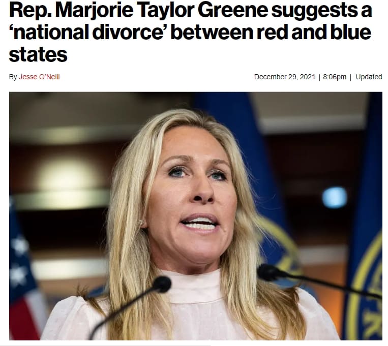 미국의 블루 vs 레드 스테이트 내전 VIDEO: Marjorie Taylor Greene suggests a ‘national divorce’ between red and blue states