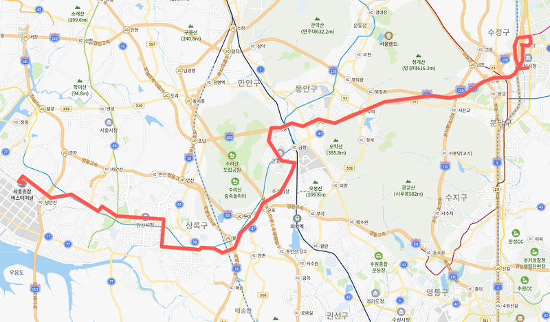 [시외]8467번 버스 시간표, 노선 : 시흥 종합버스터미널, 안산역, 안산시청, 모란역, 성남종합버스터미널