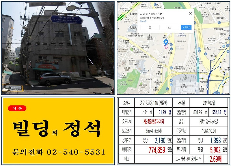 [중구 서울역 북부역세권 개발사업 70억 꼬마빌딩 실거래가 조회] 중림동 116 (서울역) 77억 4,859만 원, 평당 5,902만 원 매매되었습니다.