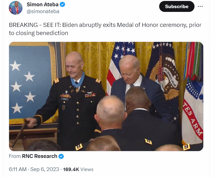 바이든, 명예 훈장 수여식에서 갑자기 퇴장 VIDEO:Biden abruptly exits Medal of Honor ceremony, prior to closing benediction