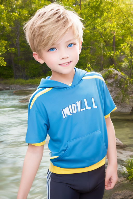 [Boy-125]  Free image of a blond-haired and blue-eyed boy playing in the water near a forest
