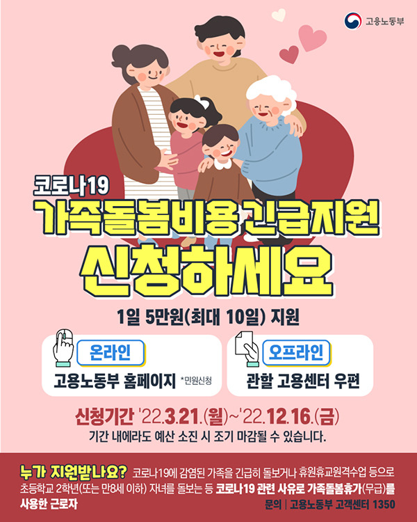 코로나19 가족돌봄휴가 사용때 최대 50만원 지원