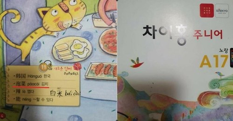 대교 차이홍 주니어 중국어 학습지, 김치 파오차이 표기 논란.