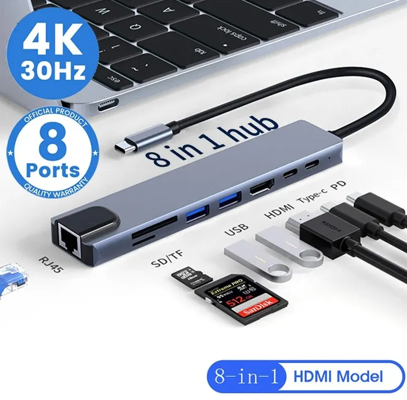 8in1 USB C HUB: 타입 C 스플리터, 4K 지원, 썬더 볼트 3, 도킹 스테이션, 노트북 어댑터, 맥북 에어 M1, 아이패드 프로