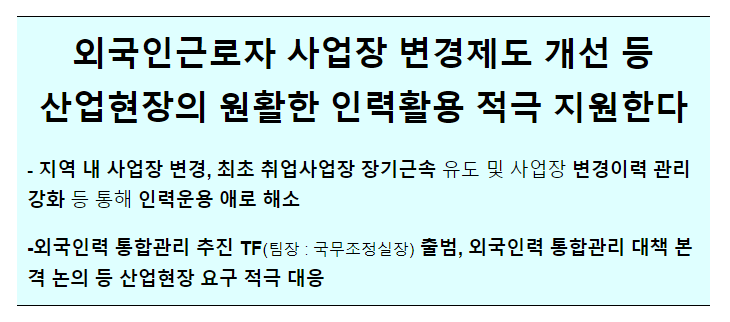 외국인근로자 사업장 변경제도 개선 등 산업현장의 원활한 인력활용 적극 지원한다