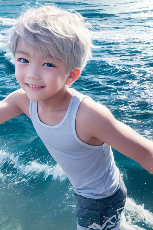 [Boy-065] Cute Handsome Boy who white hair and Blue eyes with sea background