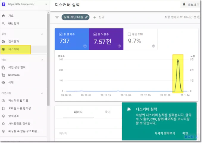 구글 서치콘솔에서 디스커버란 메뉴의 의미는?