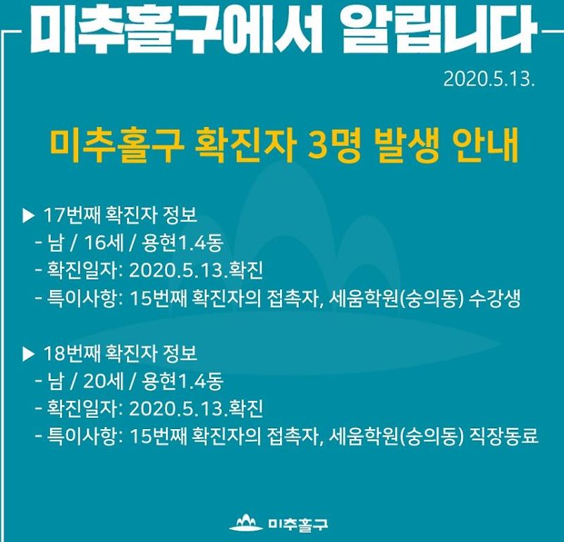 인천 코로나 확진자 미추홀구청 세움학원 팔복교회 온사랑장로교회