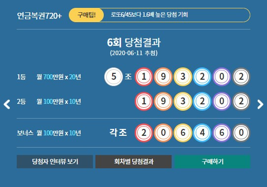 연금복권당첨번호 (동행복권) - 6회차 연금복권당첨번호