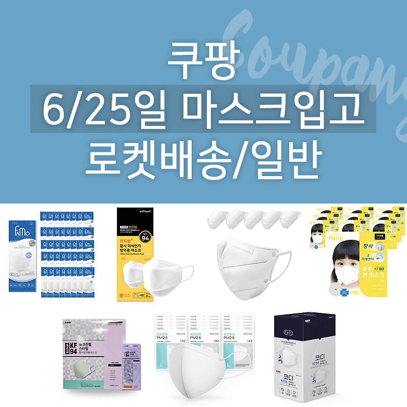 6월 25일 쿠팡 마스크 입고현황 : 블루본 KF80 소형 50매 / 파모 쉼표리빙 현재 판매 중! 거의 매일 뜨는 뉴크린웰 아에르 코디 등