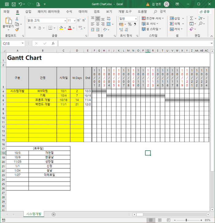 엑셀 쓸만한 간트차트(Gantt Chart) 일정관리 작성하기