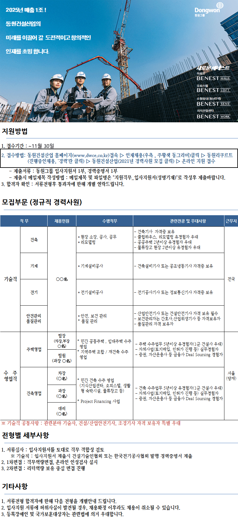 동원그룹 동원건설산업 경력 채용…건축/기계/전기/안전·품질관리/주택·건축영업