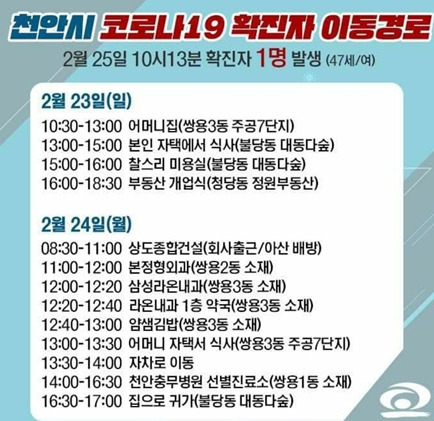 천안 코로나 확진자 이동경로