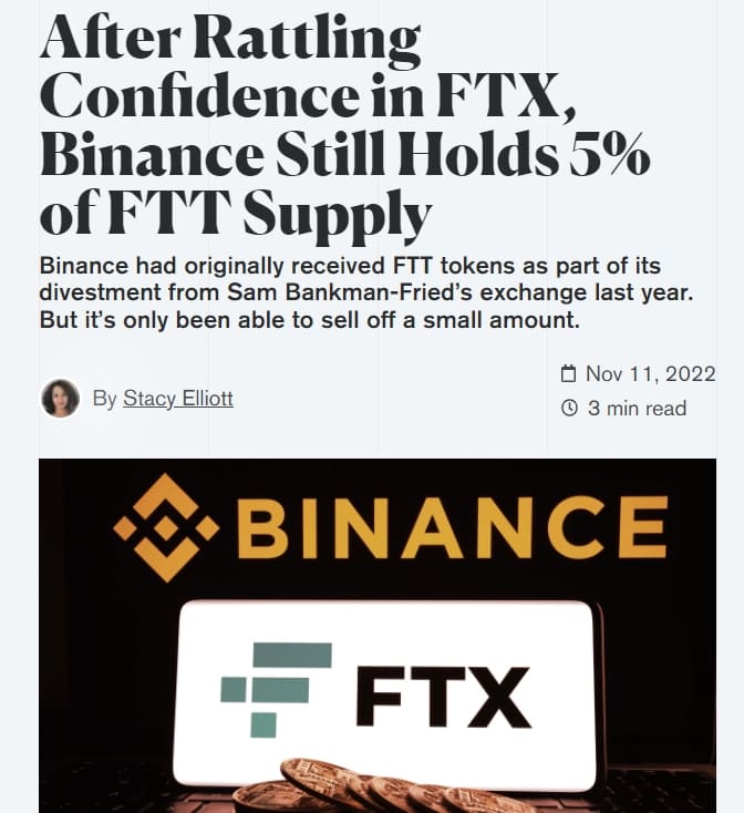 악재 만난 가상화폐...바이낸스 FTX 인수포기 파장 After Rattling Confidence in FTX, Binance Still Holds 5% of FTT Supply