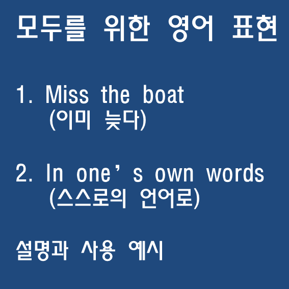 miss the boat (이미 늦다), In –‘s own words (스스로의 언어로) 뜻과 사용