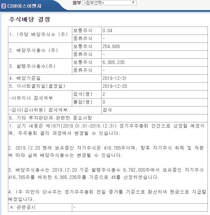 디바이스이엔지 2019년 배당공시