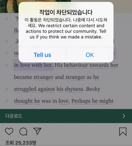 인스타그램 오류 작업이 차단되었습니다 해결방법/인스타 오류, 인스타 차단