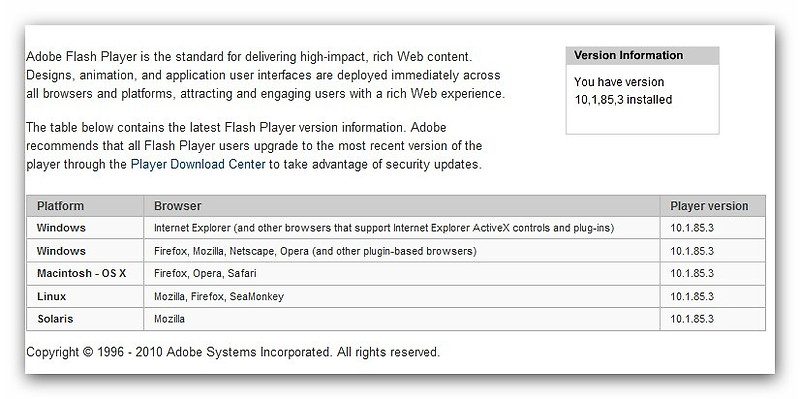Adobe Flash Player 10.1.85.3 업데이트