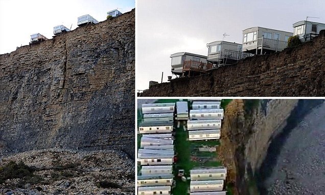 해안침식으로 절벽 끝에 매달려 있는 펜션들 Coastal erosion leaves holiday caravans hanging perilously over 200ft cliff edge VIDEO