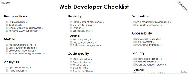 웹 페이지를 개발 할떄 체크해야 되는 목록을 정리해둔 Web Developer Checklist