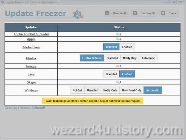 컴퓨터에 설치된 프로그램에 대한 자동 업데이트를 비활성화 해주는 프로그램-Updatafreezer