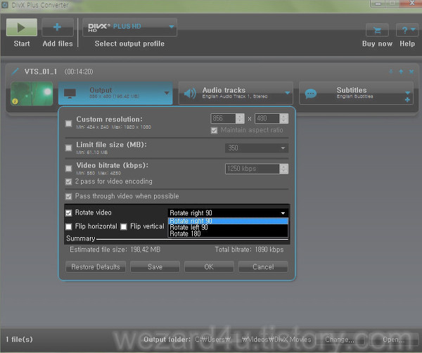 동영상 인코딩 할떄 회전이 가능한 기능이 추가된 Divx Plus 9.1