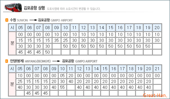 김포공항 리무진 상행, 하행 버스 시간표