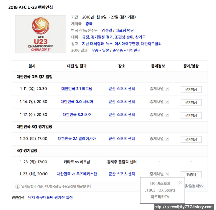 2018 AFC U 23챔피언십 한국 축구경기 일정과 중계채널!