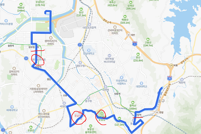[대전] 618번버스 노선, 시간표 : 대전동신과학고, 충남대병원, 용문역, 을지대병원, 정부청사역