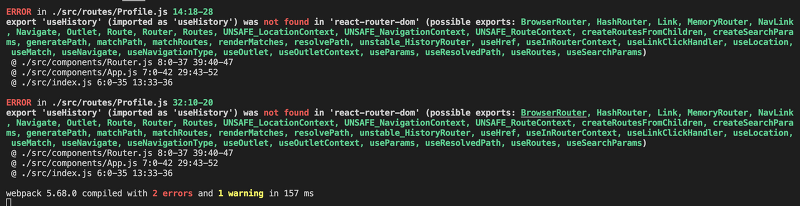 [React] export 'useHistory' (imported as 'useHistory') was not found in 'react-router-dom' 해결