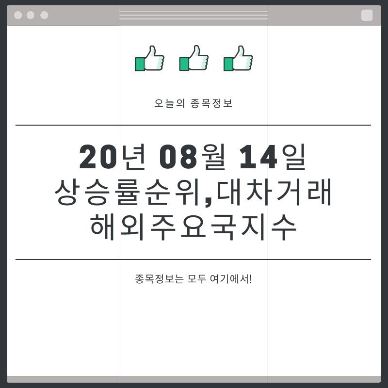 [20년 08월 14일]주요국지수및 대차거래와 오늘의 상승순위