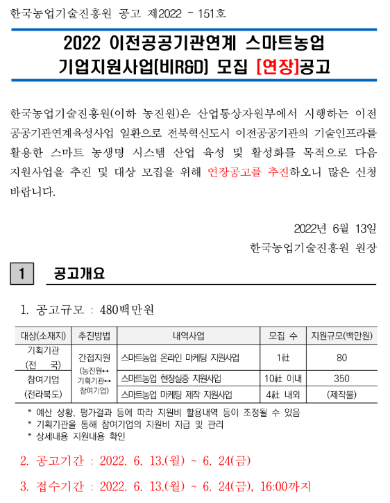 2022년 이전공공기관연계 스마트농업 기업지원사업(비R&D) 모집 연장 공고