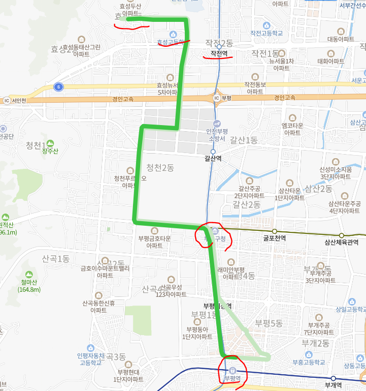 [인천] 585번버스 노선정보 : 효성동, 경인교대, 부평구청, 부평역